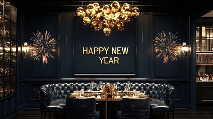 new year greeting card Elegant New Year's Eve Party, Luxurious Interior Design, Happy New Year Sign, Firework Decorations, Opulent Dining Setting
