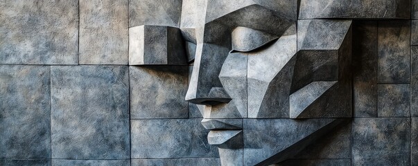 Cubist bas-relief artwork featuring an abstract face on textured stone surface