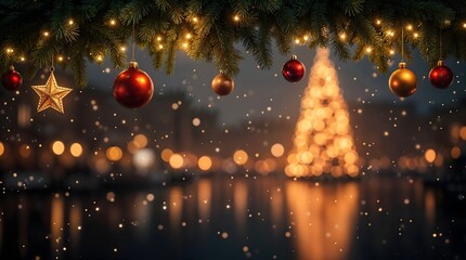 Fototapeta premium Christmas ornaments hang from Christmas tree branches garland. A blurry Christmas tree illuminated by twinkling lights in the background. Merry Christmas and happy New Year background