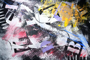 Abstract creative art collage of stencil letters, blots and strokes of paint, print pattern...