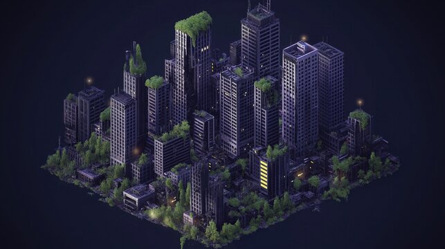 Crumbling Dystopian Cityscape With Overgrown Vegetation and Dark Tones Reflecting Years of Abandonment and Decay