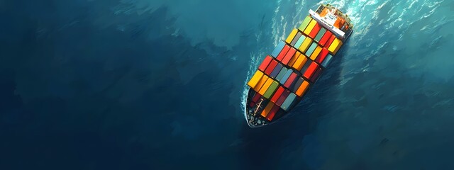 A cargo ship full of colorful containers sailing on the sea, seen from above, in the style of clip art style