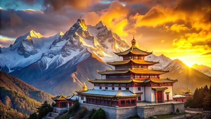 Fototapeta premium Majestic Himalayan Temple: Breathtaking Tibetan Buddhist Monastery at Sunrise, Mountain Peak Panorama