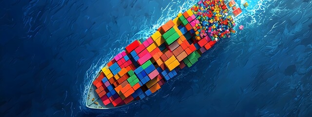 A cargo ship full of colorful containers sailing on the sea, seen from above, in the style of clip art style