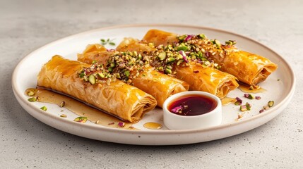 Delicious Rolled Pastry Dessert with Nuts and Syrup on White Plate Arabic Sweets and Desserts