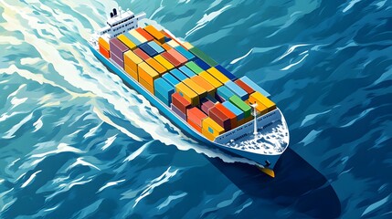 A cargo ship full of colorful containers sailing on the sea, seen from above, in the style of clip art style