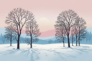 Fototapeta premium Fabulous winter landscape with silhouette trees and pastel sunset hues