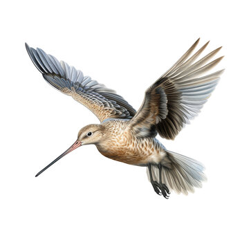 Flying Bar-tailed Godwit isolated.