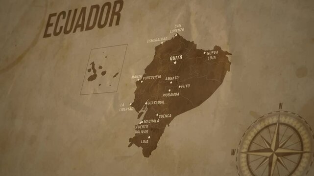 Vintage Map of ECUADOR with states Borders and Major Cities Positions