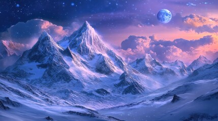 A beautiful mountain range with a large blue moon in the sky