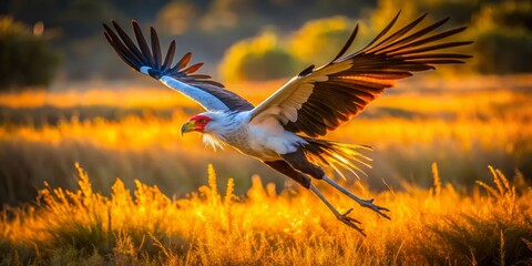 Fototapeta premium Majestic Secretary Bird Aerial: Curved Beak, Striking Pose, African Savanna, Wildlife Photography