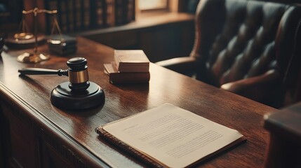 Obraz premium Judge's gavel, legal books, and documents on a wooden desk in a law office.