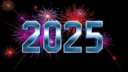 Happy new year 2025 greetings, new year eve banner with lights, sparks and fireworks in the background