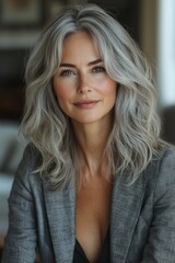 Naklejka premium Portrait of a confident and smiling middle-aged woman with gray hair