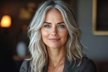 Fototapeta premium Portrait of a confident middle-aged woman with gray hair and subtle smile