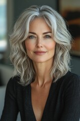 Fototapeta premium Elegant middle-aged woman with gray hair smiling confidently at camera
