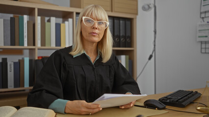 Elderly woman with blonde hair wearing judge robes and glasses in courtroom office with bookshelf...