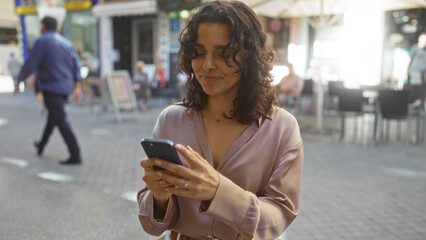 Fototapeta premium Beautiful hispanic woman using smartphone on an urban street in a city setting, showcasing a modern and engaging outdoor lifestyle on a bright, urban day.