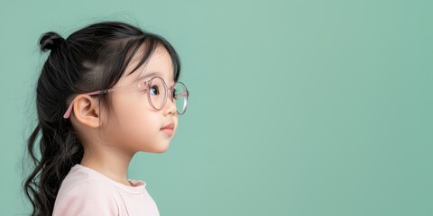 Fototapeta premium Side view of an Asian child girl wearing eyeglasses isolated on green background.