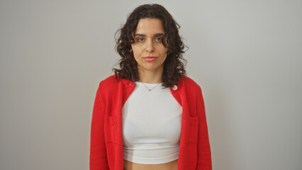 A young, brunette, hispanic woman in a red cardigan and white top stands isolated against a white wall background. © Krakenimages.com