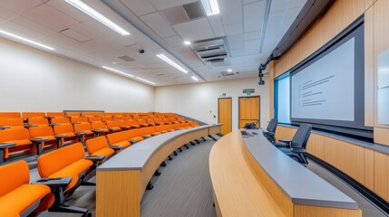 Modern University Lecture Hall with Orange Seating and Large Screen