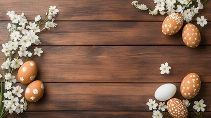 A creative flat-lay of Easter decorations, including eggs, flowers, and spring-inspired patterns on a wooden background
