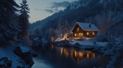 Fototapeta premium Enchanting Winter Cabin by the River: A Festive Snowy Escape in the Mountains