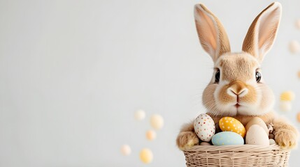 Obraz premium A close-up of an Easter bunny holding a brightly decorated basket, filled with chocolates and candies