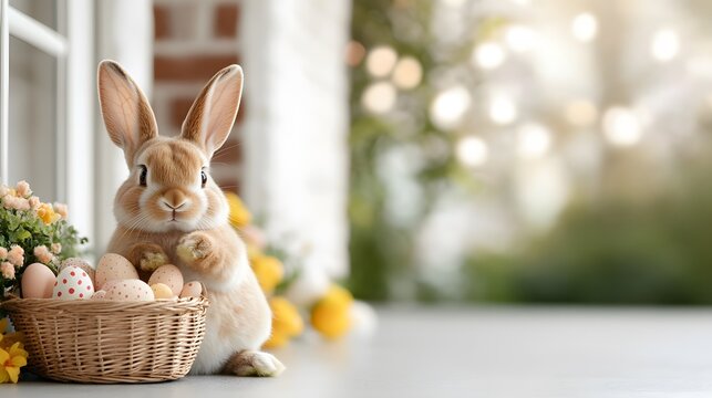 An Easter bunny waving goodbye after leaving baskets of treats for children in a colorful garden