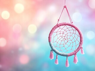 Obraz premium A colorful dreamcatcher hangs against a soft, blurred background, featuring gentle pastel hues and intricate detailing.