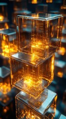 A close-up of glowing transparent cubes stacked in a visually striking arrangement.