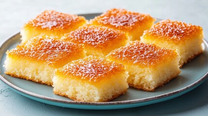 Delicious Golden Honey Cake Slices on a Blue Plate Ready for Serving Arabic Sweets and Desserts