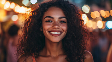 Fototapeta premium Smiling young woman enjoying outdoor music festival city park ai generated photography vibrant atmosphere close-up view joyful concept