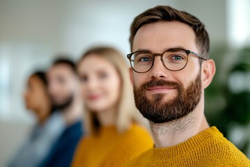 Fototapeta premium A smiling man with glasses in a yellow sweater is in focus, while others are blurred in the background, suggesting a professional or social setting.