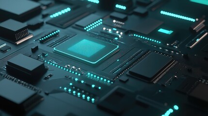 Fototapeta premium Abstract Circuit Board with Glowing Elements in Dark Background