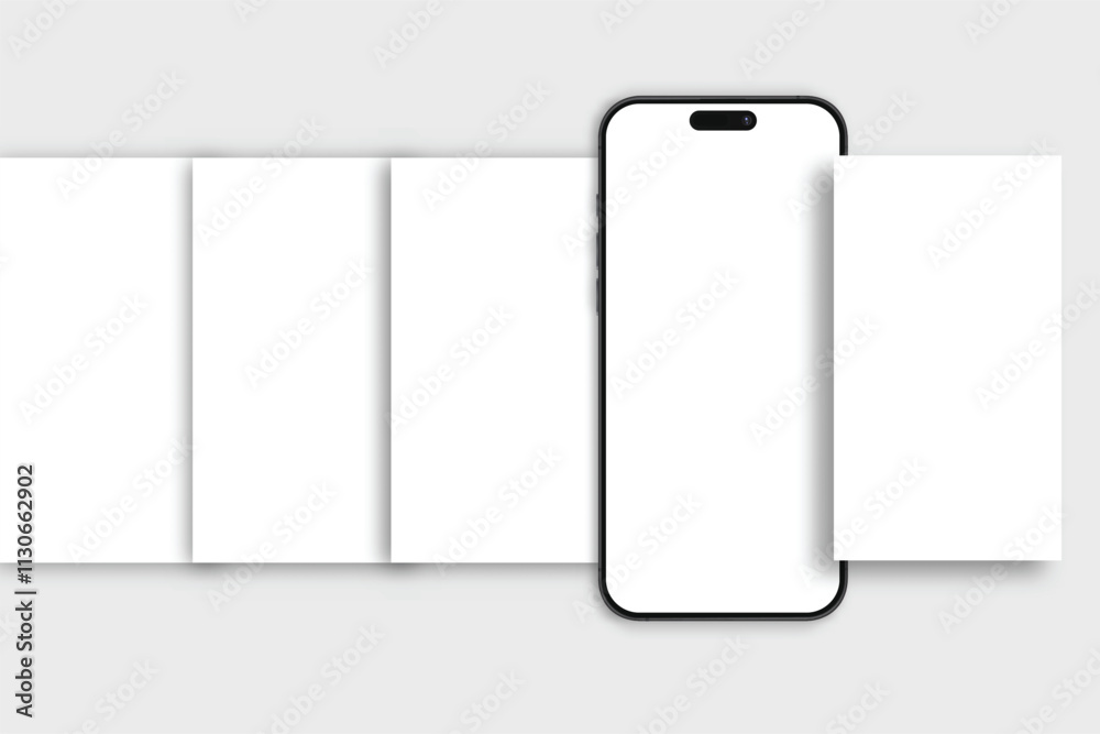 Wall mural smartphone mockup with social media stories interface mockup. mobile app page template design for us