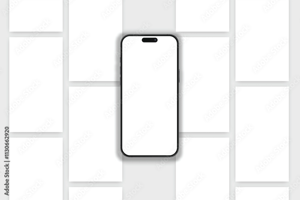 Wall mural smartphone mockup with social media stories interface mockup. mobile app page template design for us