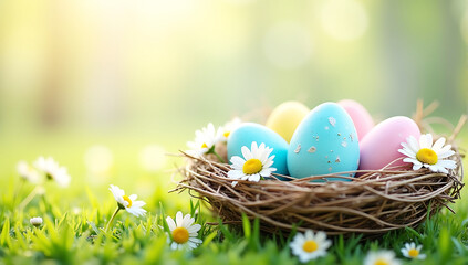 Fototapeta premium Nest with Easter eggs in grass on a sunny spring day, shallow depth of field, natural light, vibrant green background