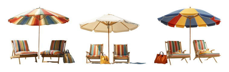 Colorful Beach Umbrellas and Chairs on Transparent Background