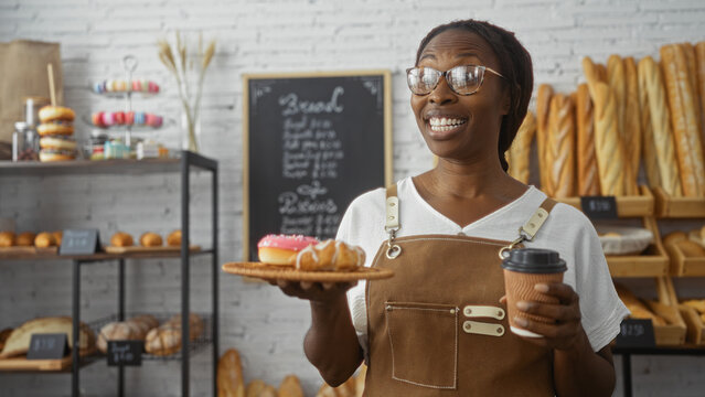 Smiling woman holding coffee and pastries in bakery shop with bread and desserts in the background - Powered by Adobe