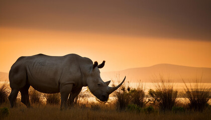 Obraz premium A majestic white rhinoceros in the golden light of a sunset.
