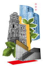 Contemporary art collage. Ornate classical building combined with curved modern towers, greenery,...