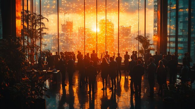 Glowing Business Networking Event in High Rise City Building During Sunset - Powered by Adobe