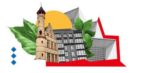 Contemporary art collage. Medieval castle, contemporary structures, green leaves, and dynamic...
