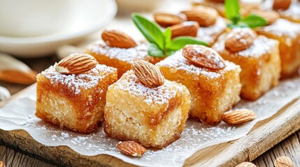 Deliciously Sweet Almond Desserts Garnished with Powdered Sugar and Green Leaves Arabic Sweets and Desserts