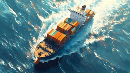 A cargo ship full of colorful containers sailing on the sea, seen from above, in the style of clip art style