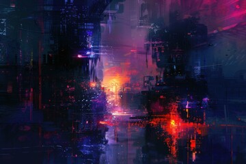 Cyberpunk Cityscape with Glowing Lights and Digital Glitch