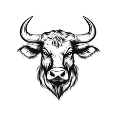 Vector Detailed Black and White Engraved Cow Head Illustration in Retro Vintage Style isolated on white background
