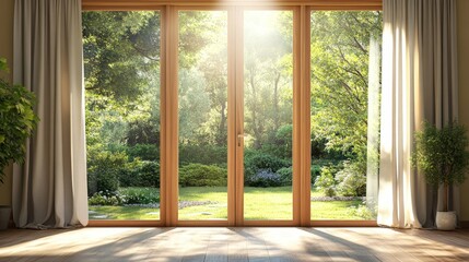 Fototapeta premium Room interior decoration with wooden glass door and curtain with garden view and sunlight