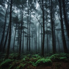 Fototapeta premium A mysterious forest with mist weaving through the trees.